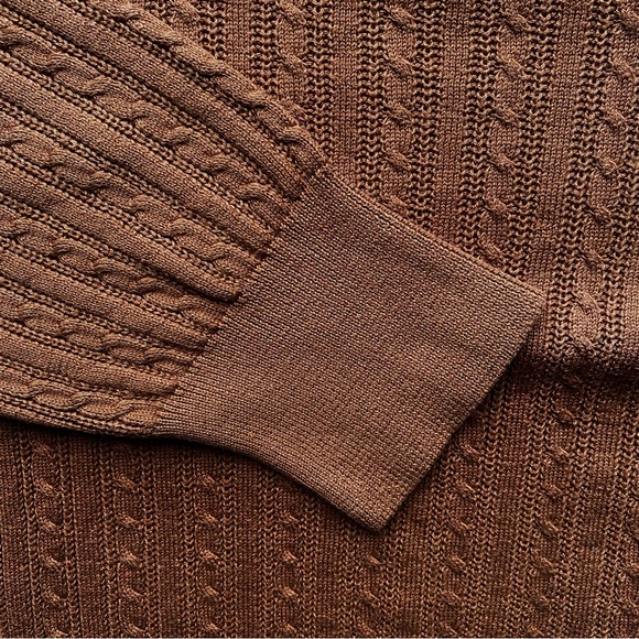 Spanner Long Sleeve Cable Knit V-Neck Pullover Sweater - Light Brown - Picture 3 of 9
